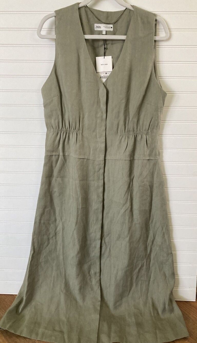 Zara Linen Button Front Sleeveless Dress XL Sage Green Classic Minimalist